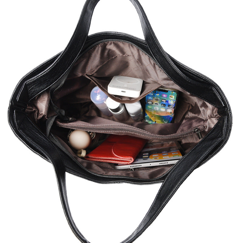 Sac à bandoulière en cuir souple de grande capacité pour femmes de couleur solide