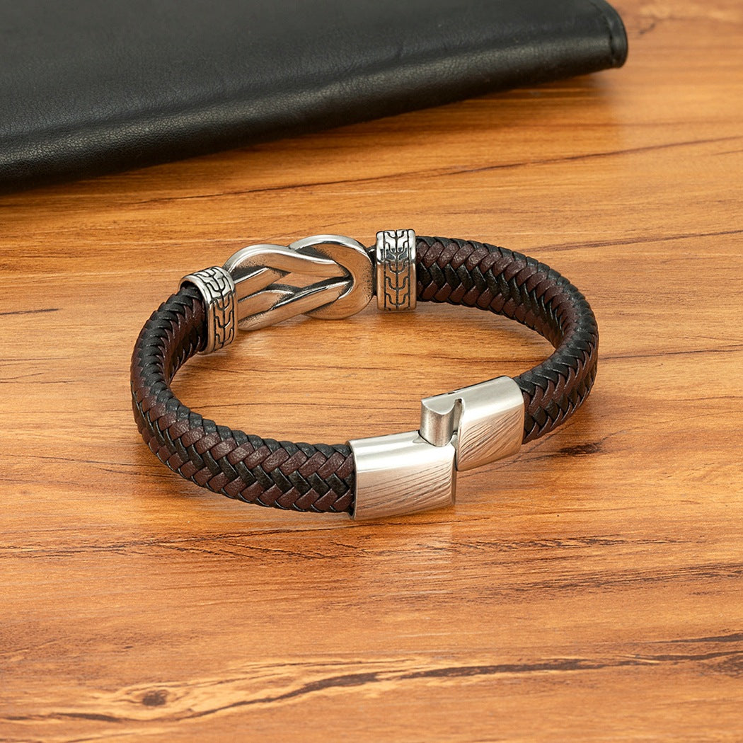 Bracelet en cuir tissé de café noir avec fermoir magnétique or et acier