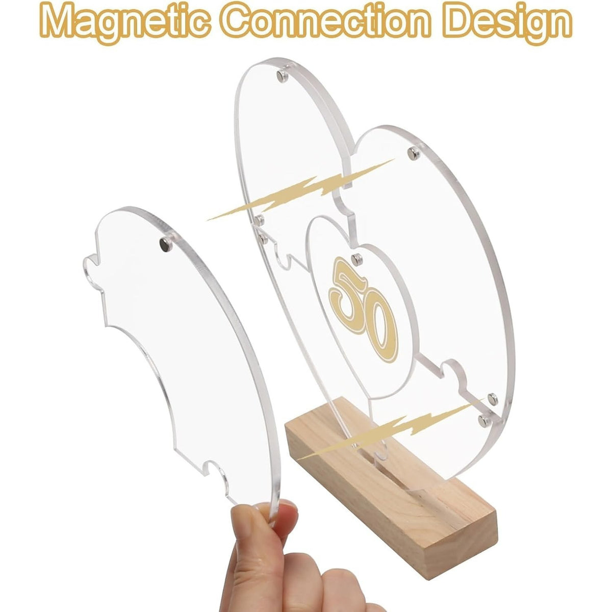 3-Piece Set: Cadre photo magnétique en acrylique en forme de coeur avec support en bois et stickers métal