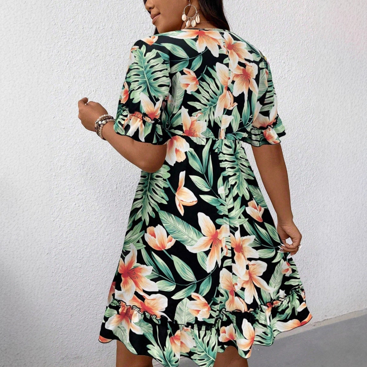 Exporter Européen et américain V-Neck Floral Print Fashion Resort Style Knee-Length Summer W