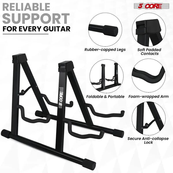 5 CORE Double Guitar Stand Sol réglable Heavy Duty A Frame Universal Folding Acoustic