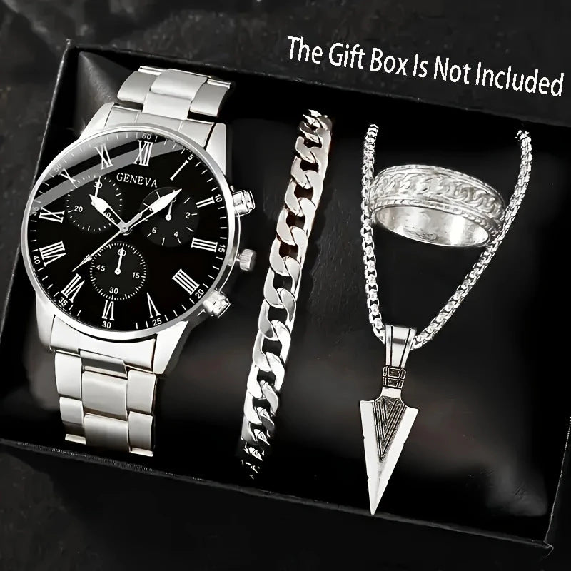 Hommes Quartz bracelet de collier de montre et bague 4 pièces