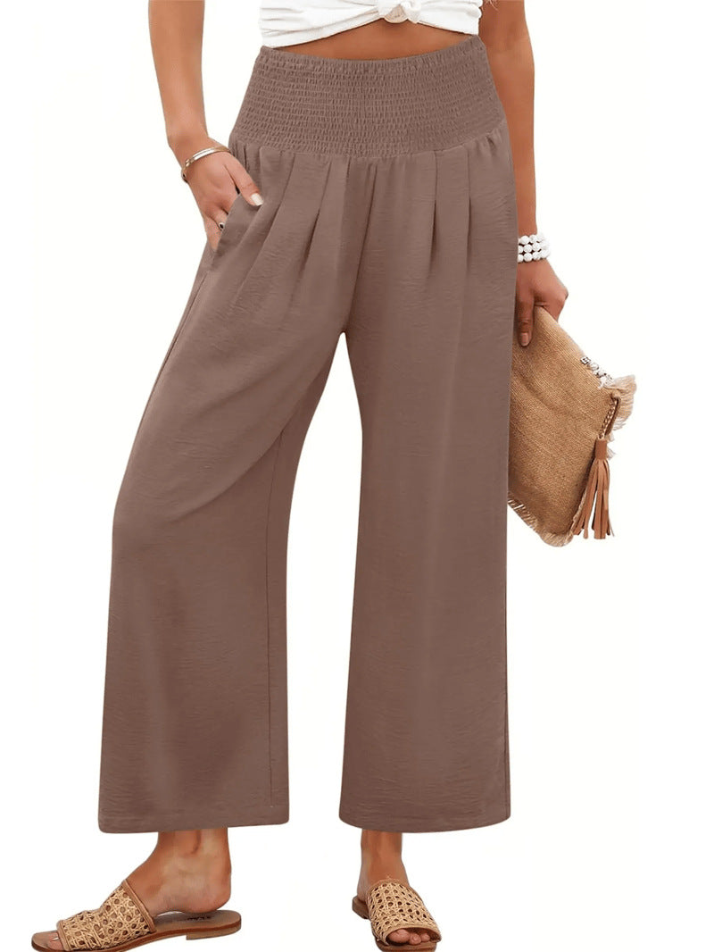 Printemps et automne Couleur solide Pantalons de femmes broyés haute taille taillés droit-leg Casual