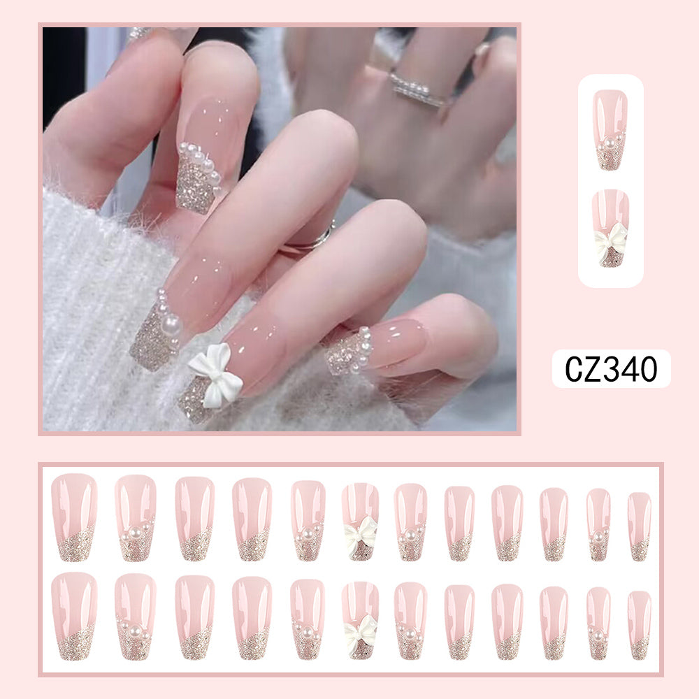 24 pièces de long style en forme de cercueil rose Gradient ongles artificiels avec Y2K argent brillant