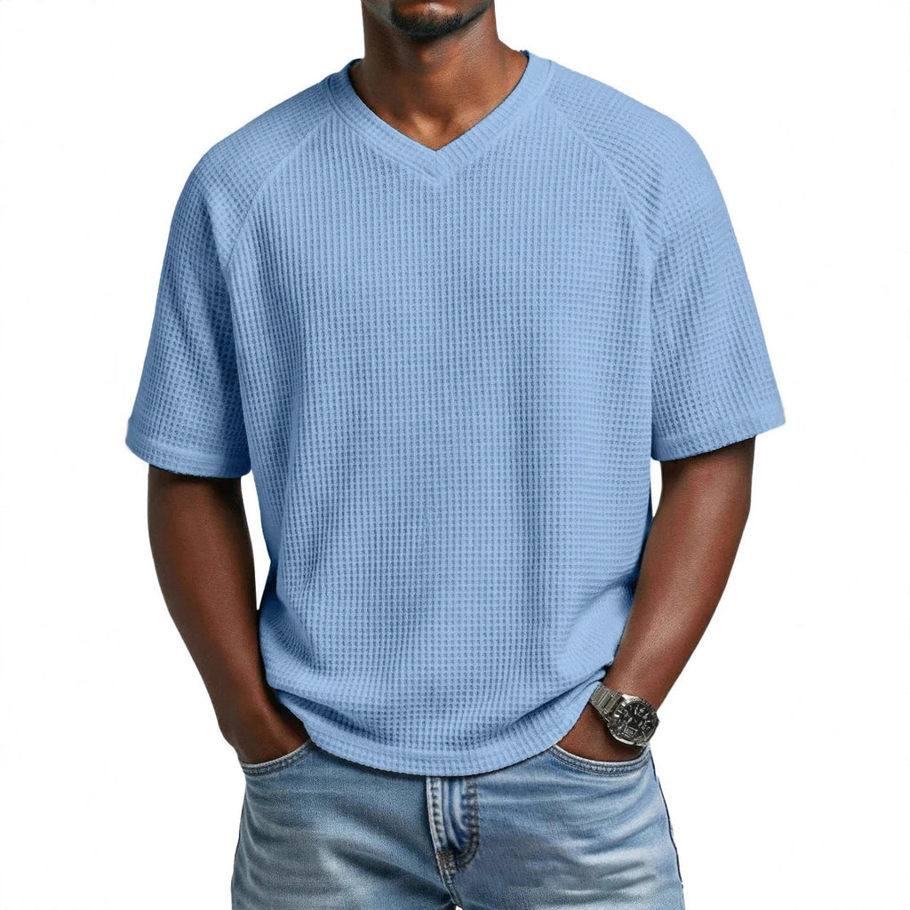 Hommes S Mode Waffle tricot côtelé manches V cou manches courtes T-shirt pour le transport quotidien