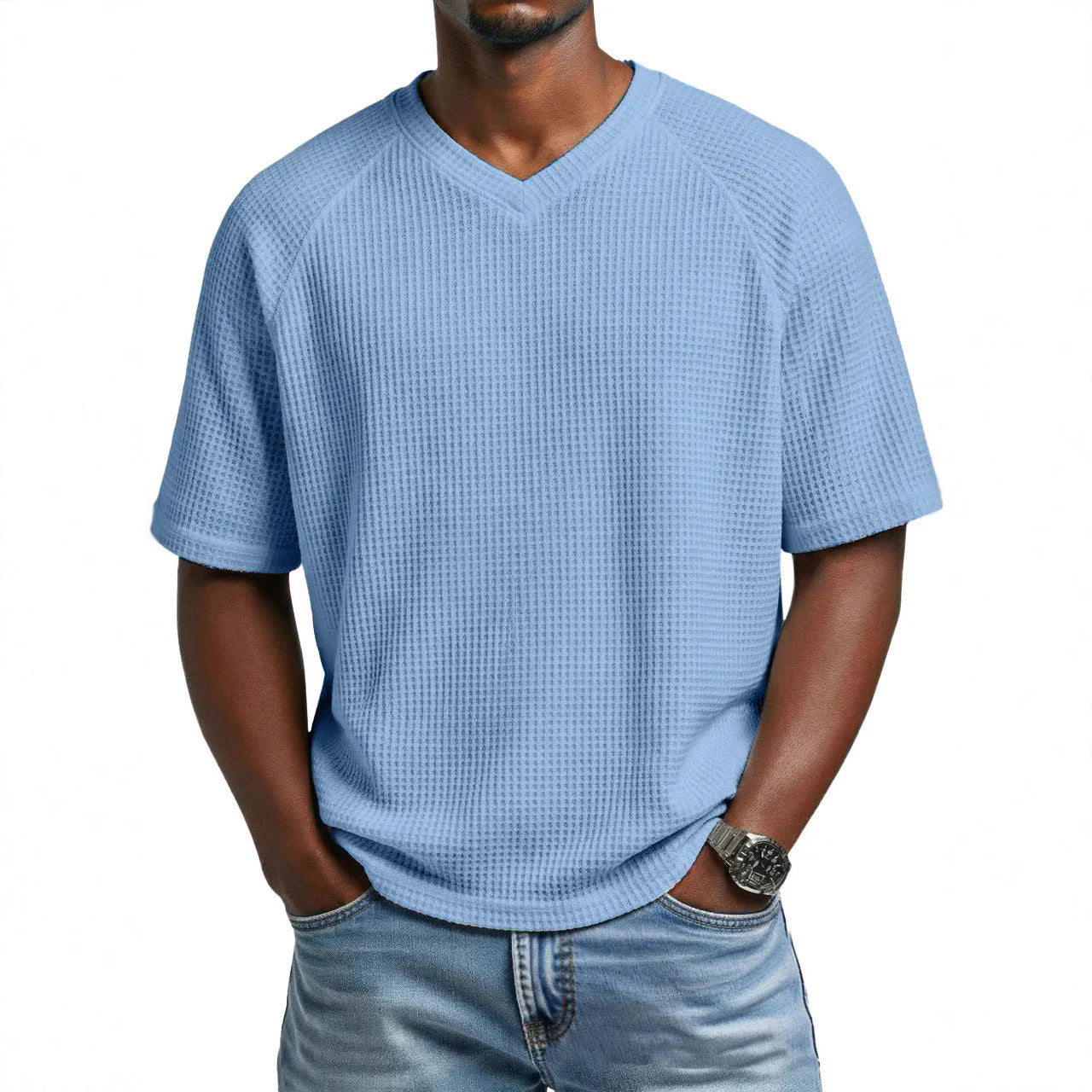 Hommes S Mode Waffle tricot côtelé manches V cou manches courtes T-shirt pour le transport quotidien