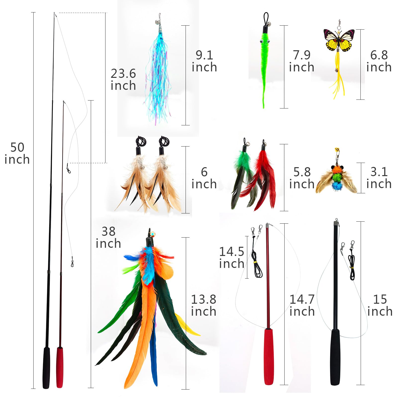2PCS Retractable Cat Teaser Wands & 9PCS Feather Recharges Jeu de jouets Tige télescopique double taille