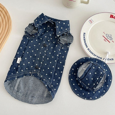 Sphynx Chat Polka Dot Denim Vest avec boutonnage et chapeau pour chats sans cheveux
