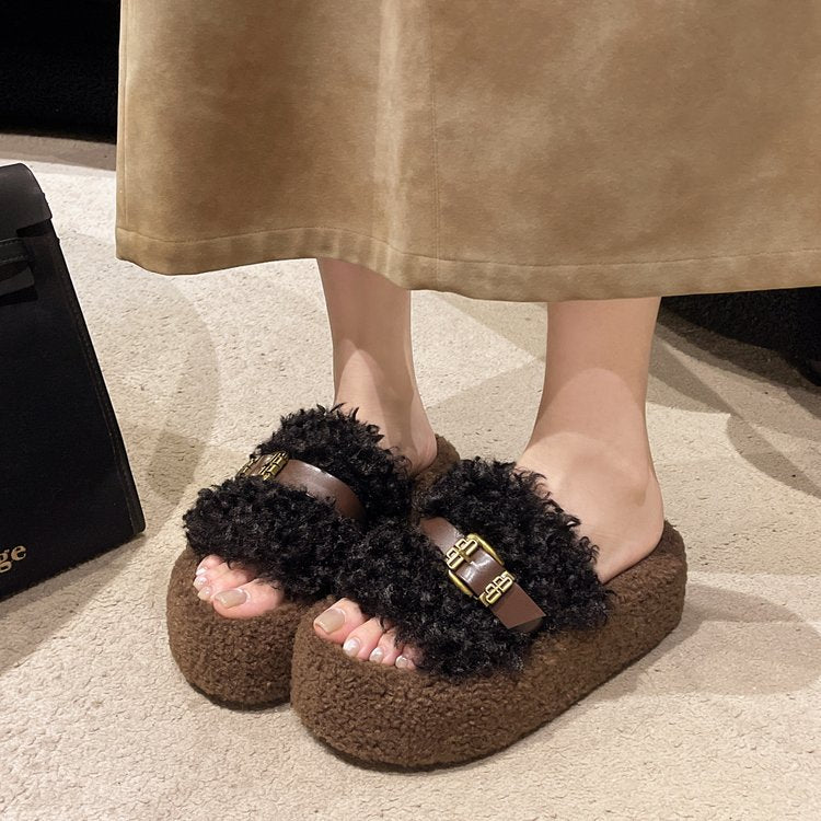 Pantoufles en fourrure Curly Platform pour femmes