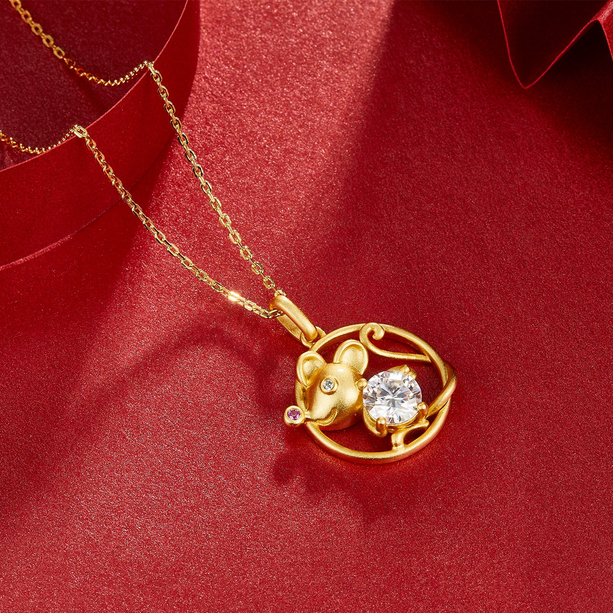 S925 Argent plaqué or 1ct D Couleur VVS1 Collier de rat de Moissanite 4,5g chinois zodiaque Benmi
