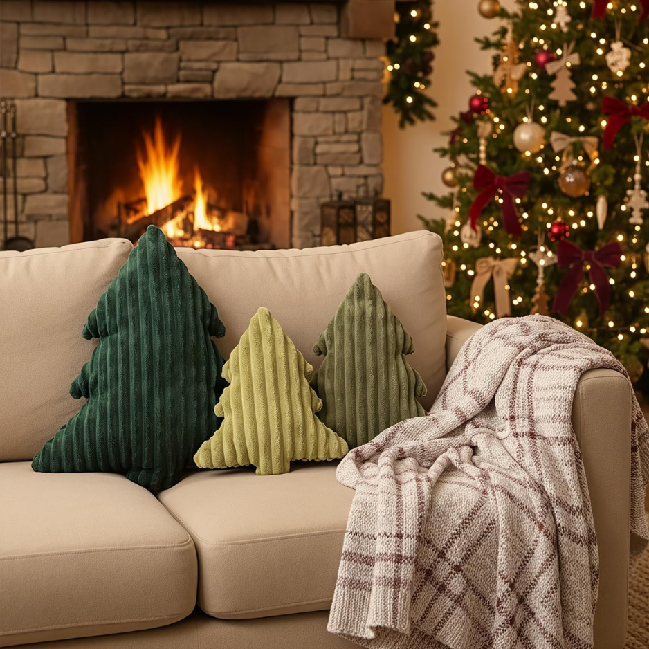 Décorations de Noël Oreillers en peluche en velours vert doux Arbre de Noël en forme d'oreiller