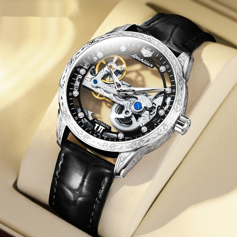 Montre mécanique openwork avec bracelet en cuir imperméable pour hommes