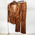 Tiger Stripe Velvet Two-Piece Suit-Double Breasted Blazer & High Waist Flared Floor-Length
