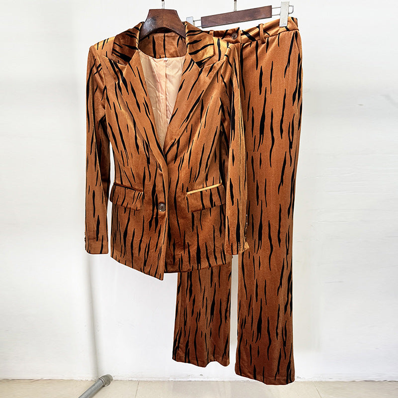 Tiger Stripe Velvet Two-Piece Suit-Double Breasted Blazer & High Waist Flared Floor-Length