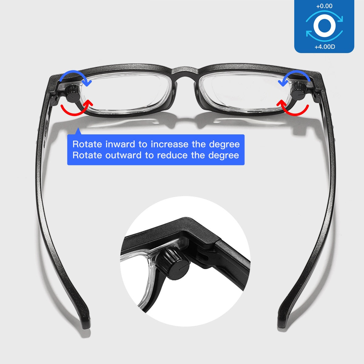 Adjustable Rotating Reading Glasses from +0.5 to +4.0 Diopters