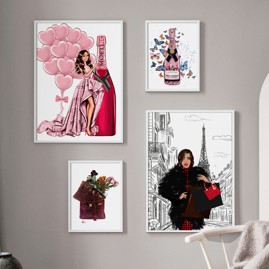 Fashion Bag Girl Ballon Champagne Wall Art Canvas Imprimer