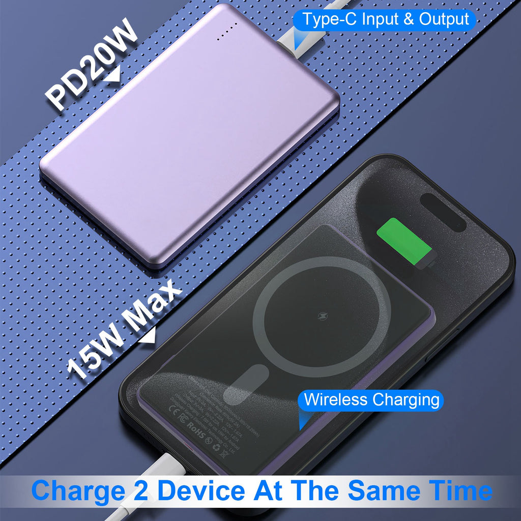 2 En 1 5000mAh 8MM Slim MagSafe Banque d'alimentation sans fil PD20W Chargeur magnétique rapide Portable P