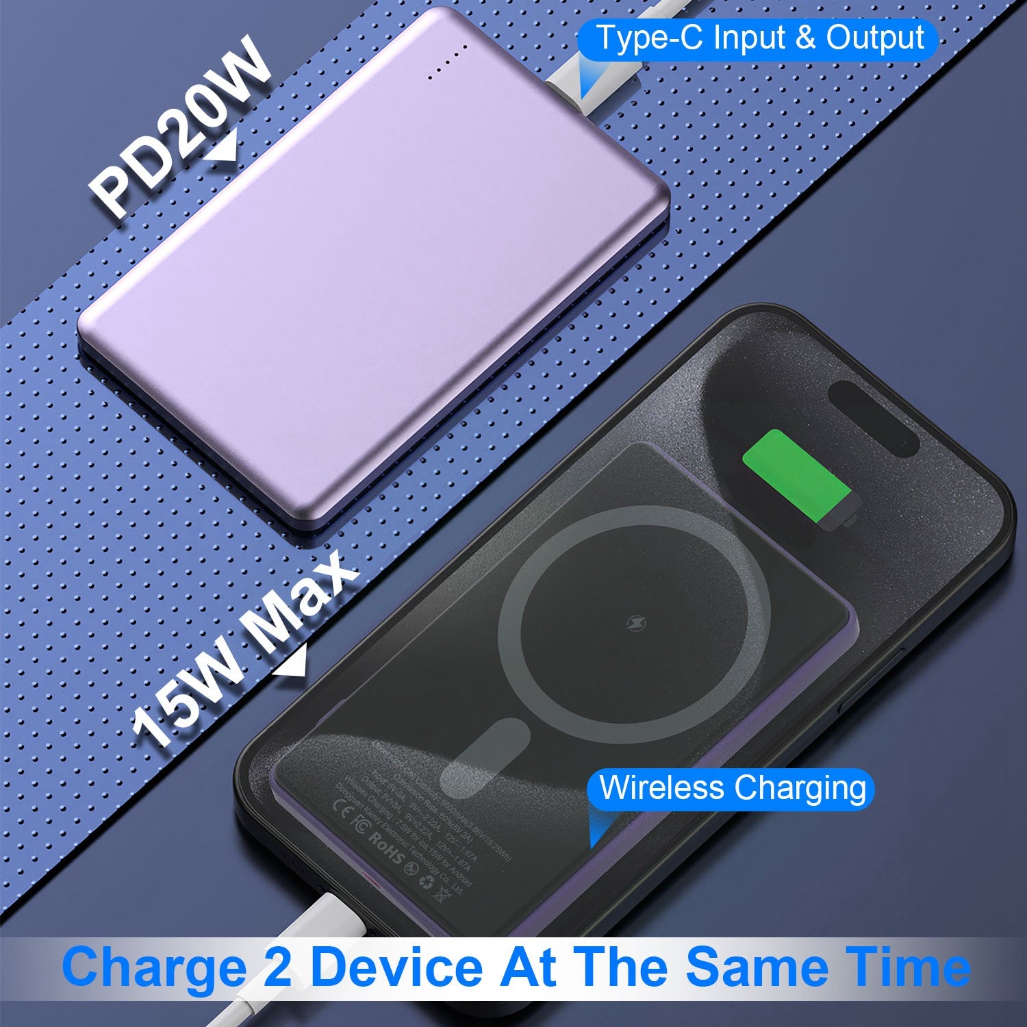 2 En 1 5000mAh 8MM Slim MagSafe Banque d'alimentation sans fil PD20W Chargeur magnétique rapide Portable P