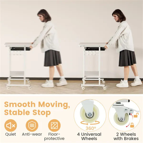 Bureau d'ordinateur mobile blanc avec plateau à clavier et plateau de stockage