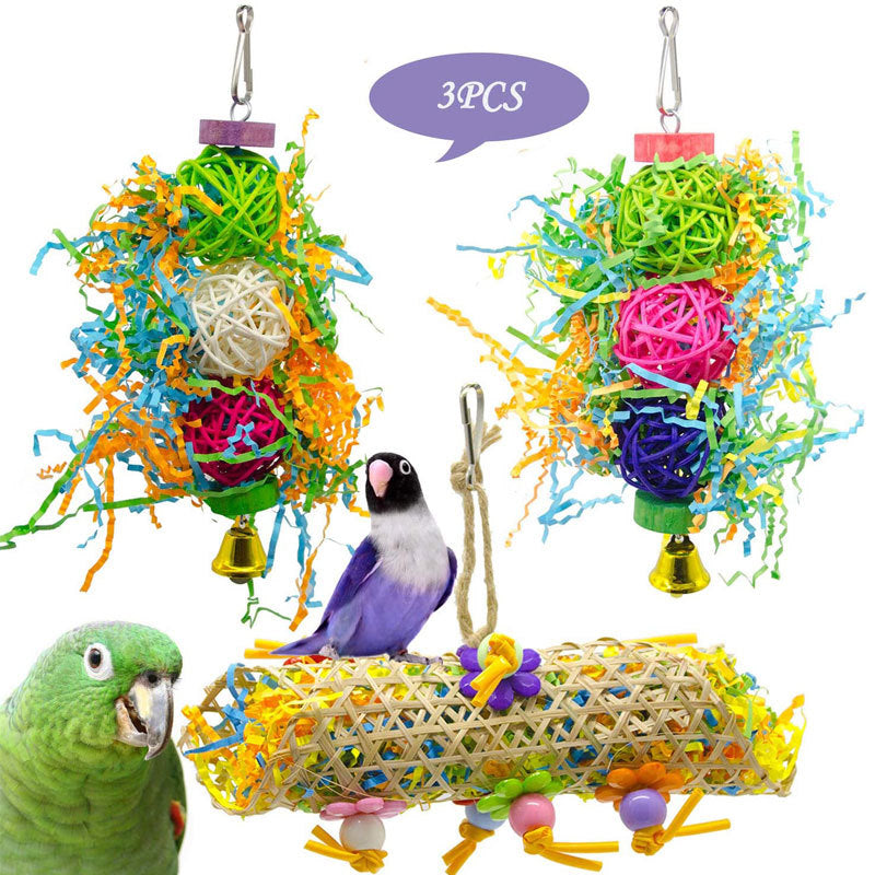 3pcs Jouet d'oiseau pour perroquet Gnawing fournitures Ustensiles brossé rotin gazon jouets en bois