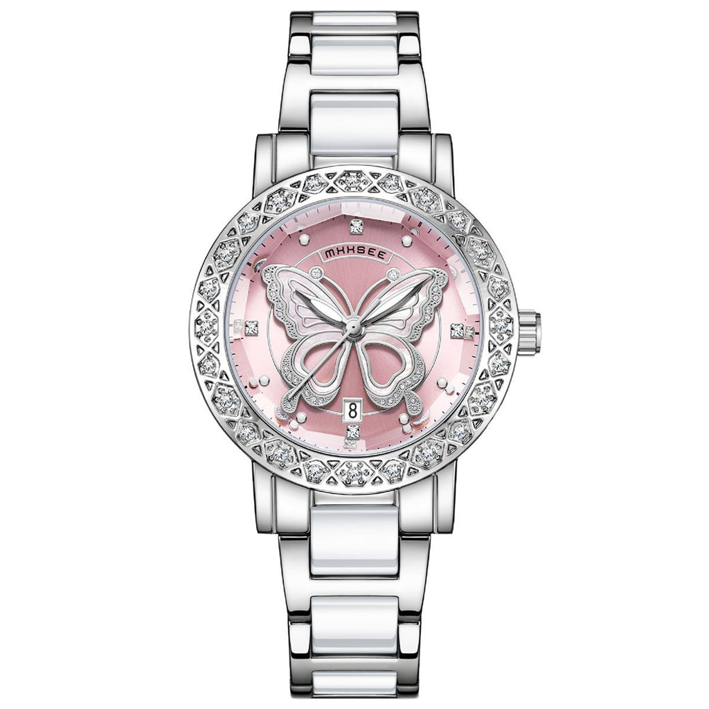 Butterfly Montre de luxe pour femmes avec calendrier et bracelet en acier