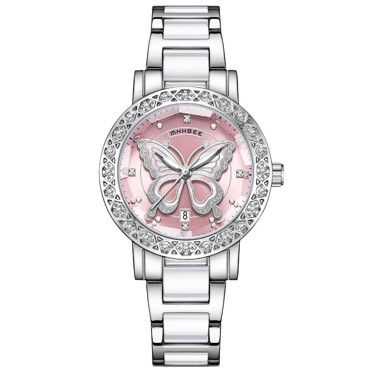 Butterfly Montre de luxe pour femmes avec calendrier et bracelet en acier