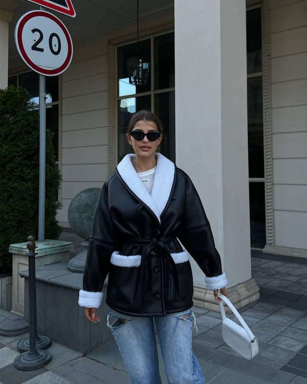 Leather and Fur Coréen Style Long Sleeve Splicing Coat Femmes