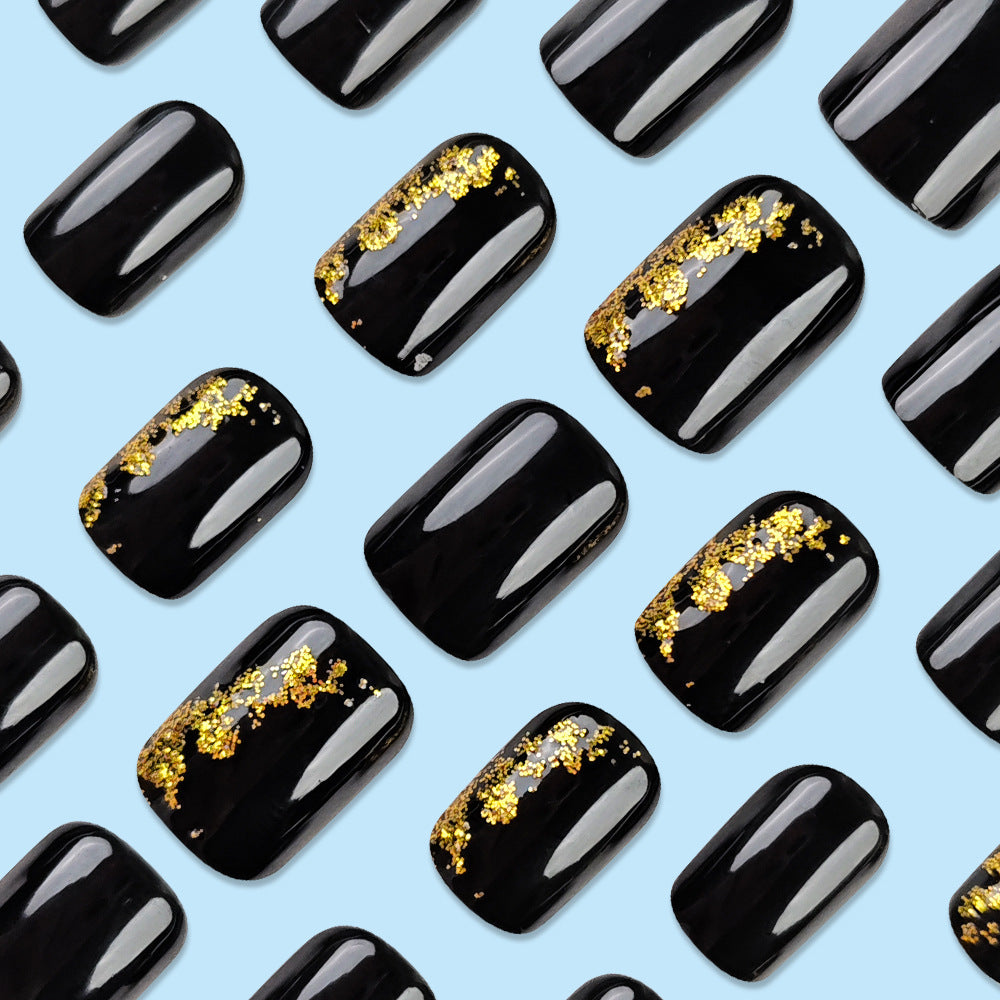 Stickers 24 Pièces de Nail Acrylique Carré Court - Black False Nails avec Foil Or et Gli