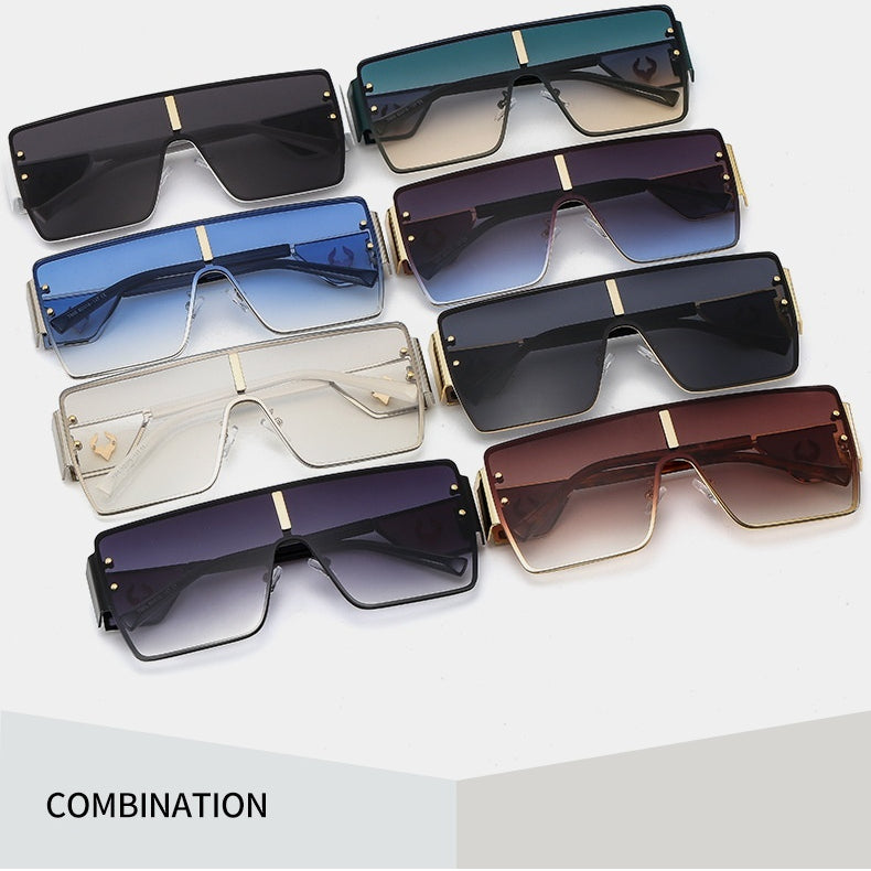 Lunettes de soleil européennes et américaines surdimensionnées en métal d'une pièce avec embellissement à tête d'oxygèneVinta
