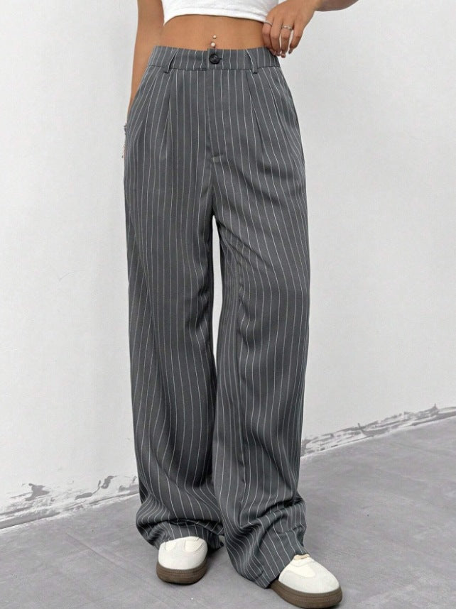 Madame Blue Striped European and American Casual Shimuting Loose Large-Leg Casual Pantalons Trou