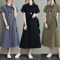 Japonaise Solid Color Coton et Lin Lapel Manches courtes Robe décontractée de poche pour femmes