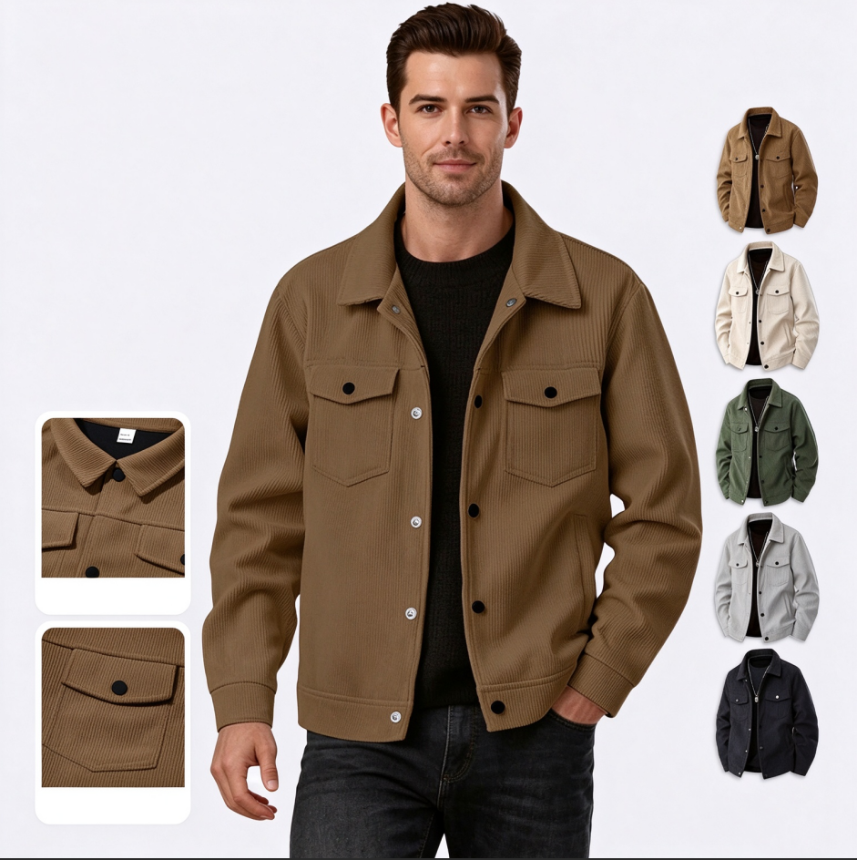 European and American Tk Corduroy Unique-Breasted Trendy Lapel manches longues chemise Pocket Ja