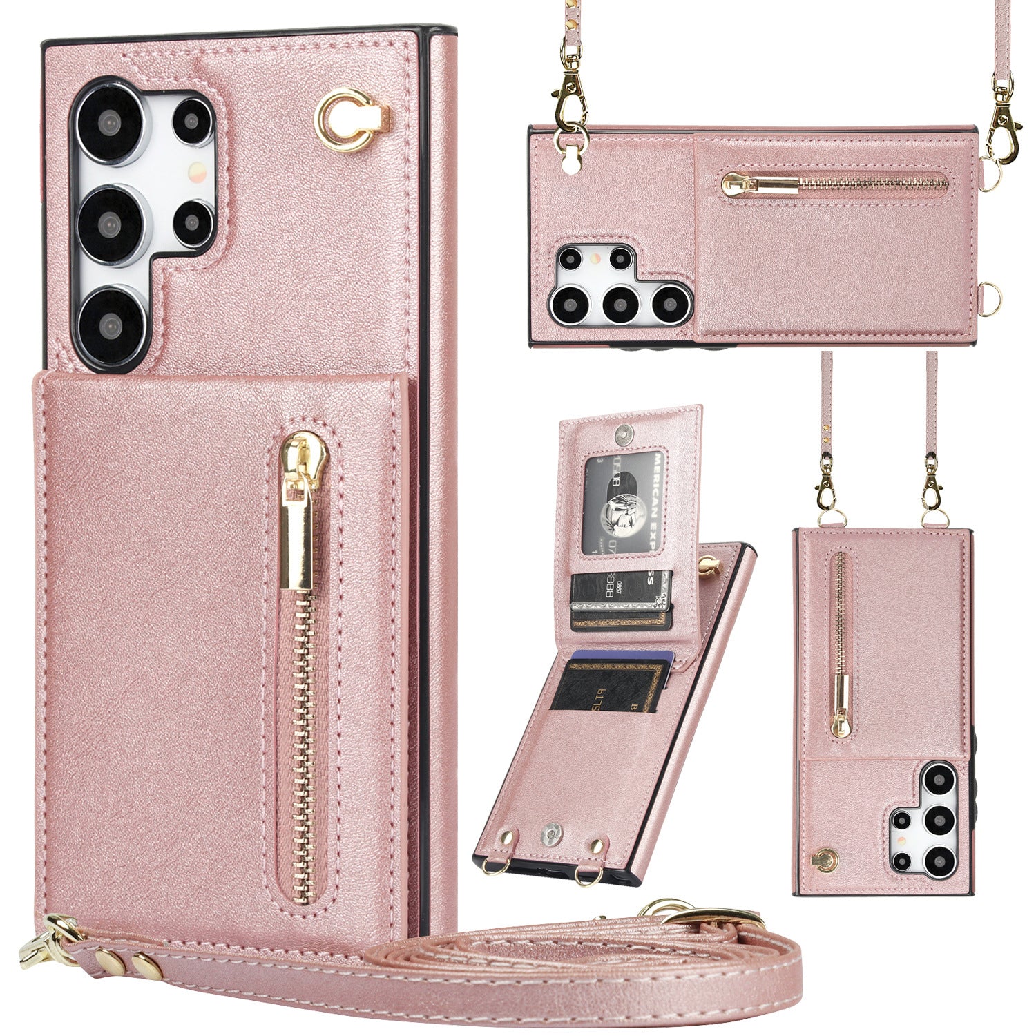 Card Crossbody Zipper Coque de téléphone en cuir