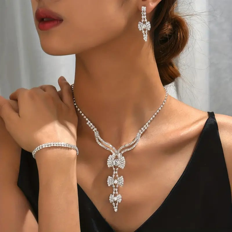 Ensemble de bijoux 3-Tier Bow Y-Drop CZ 3Pcs pour femmes