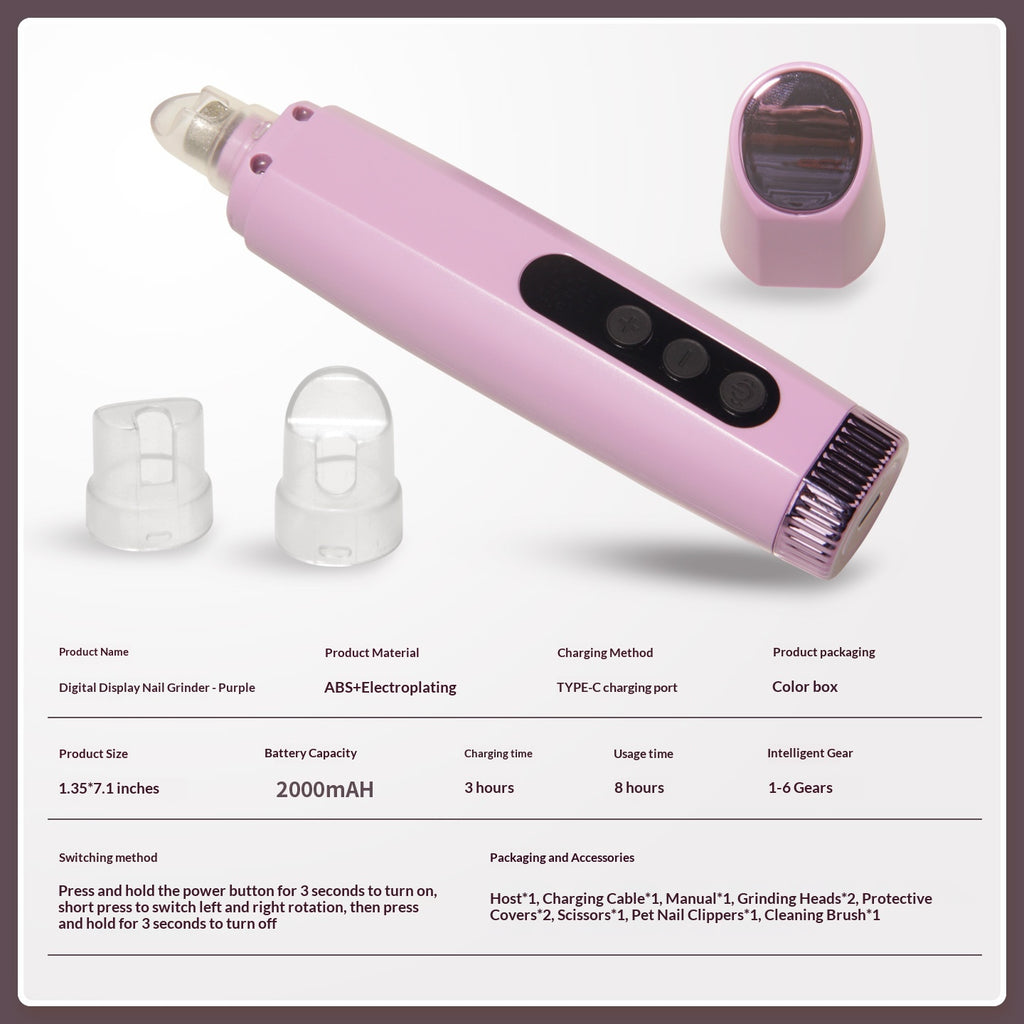 Grindeuse à ongles pour animaux de compagnie rechargeable avec réglage à six vitesses