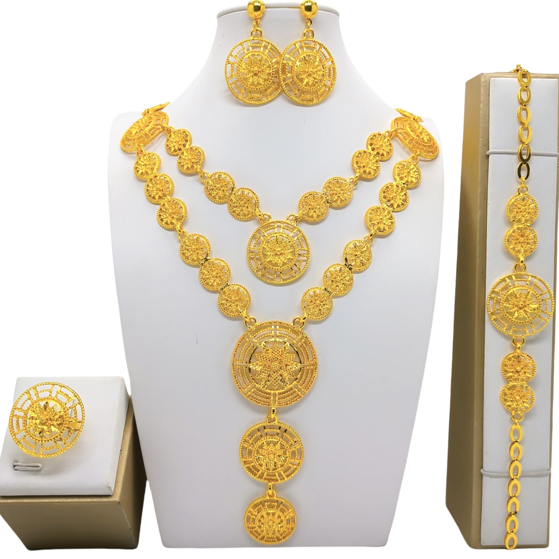 Bijoux d'or costume arabe Collier de mariage Bracelet Boucles d'oreilles Anneau