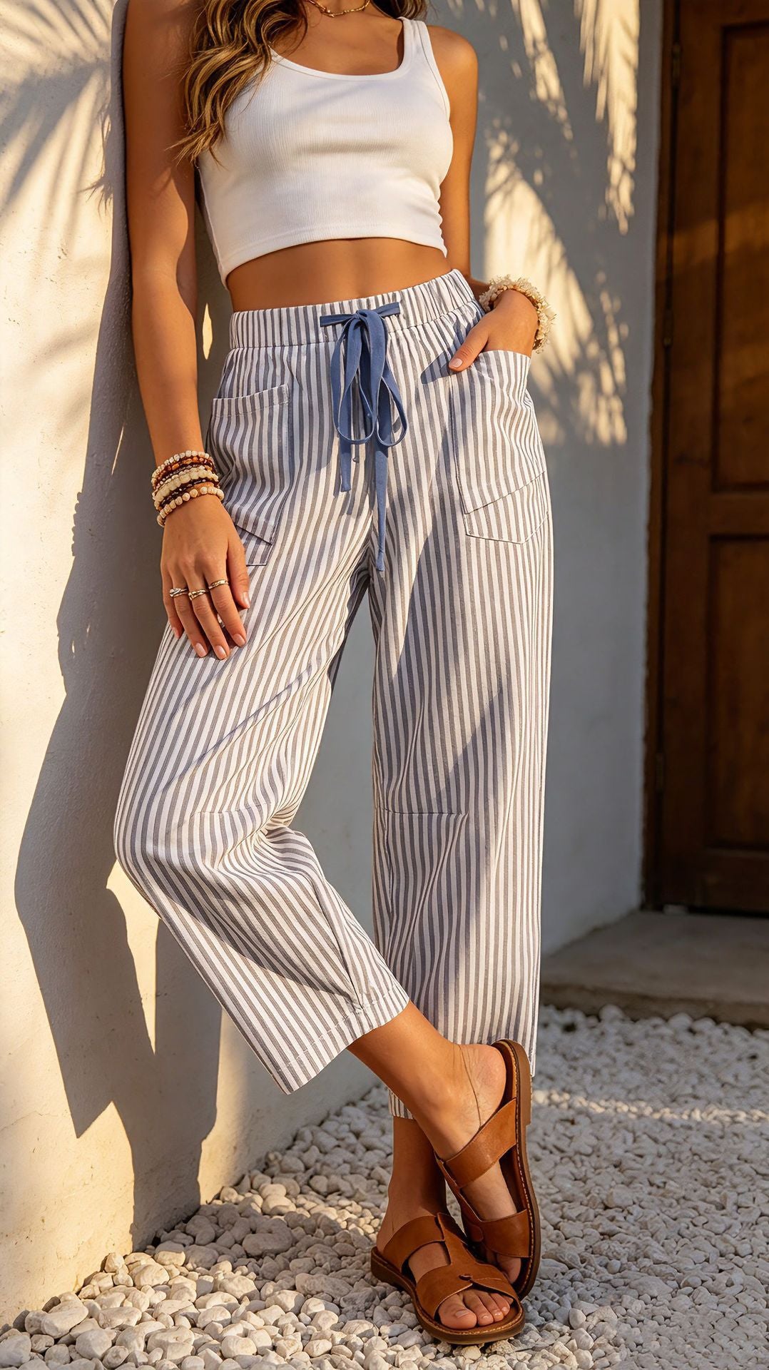 Pantalon pour femmes à poil élastique à imprimé rayé occasionnel