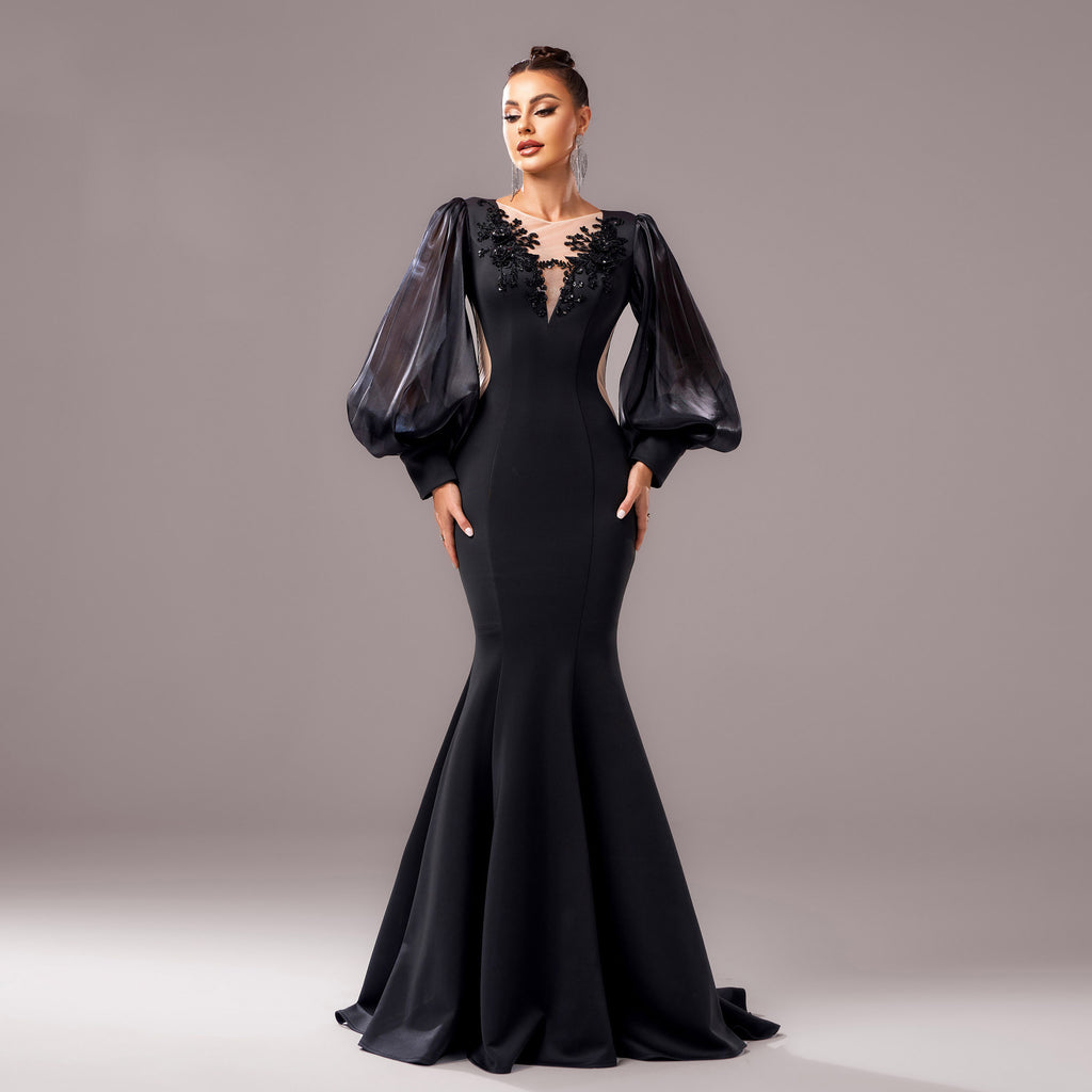 Robe à queue de poisson à manches longues pour banquet à col rond