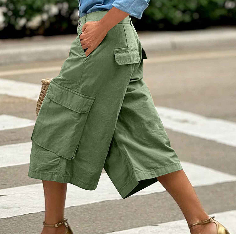 Femmes Cargo Capri Pantalons Multi Pocket High Waist Loose Large Jambe Cropped Pantalons Summer Cas
