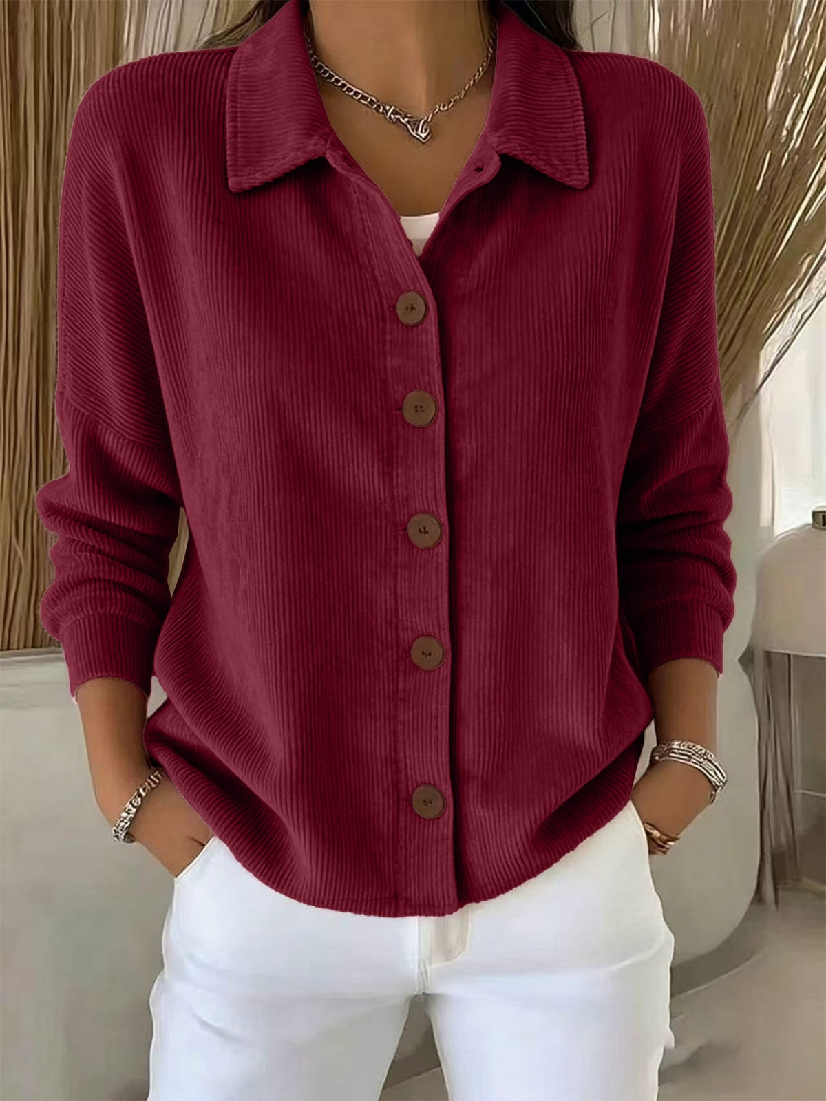 Européen et américain Solid Color Cardigan à manches longues Casual Fashion Button-Up Top Femmes'