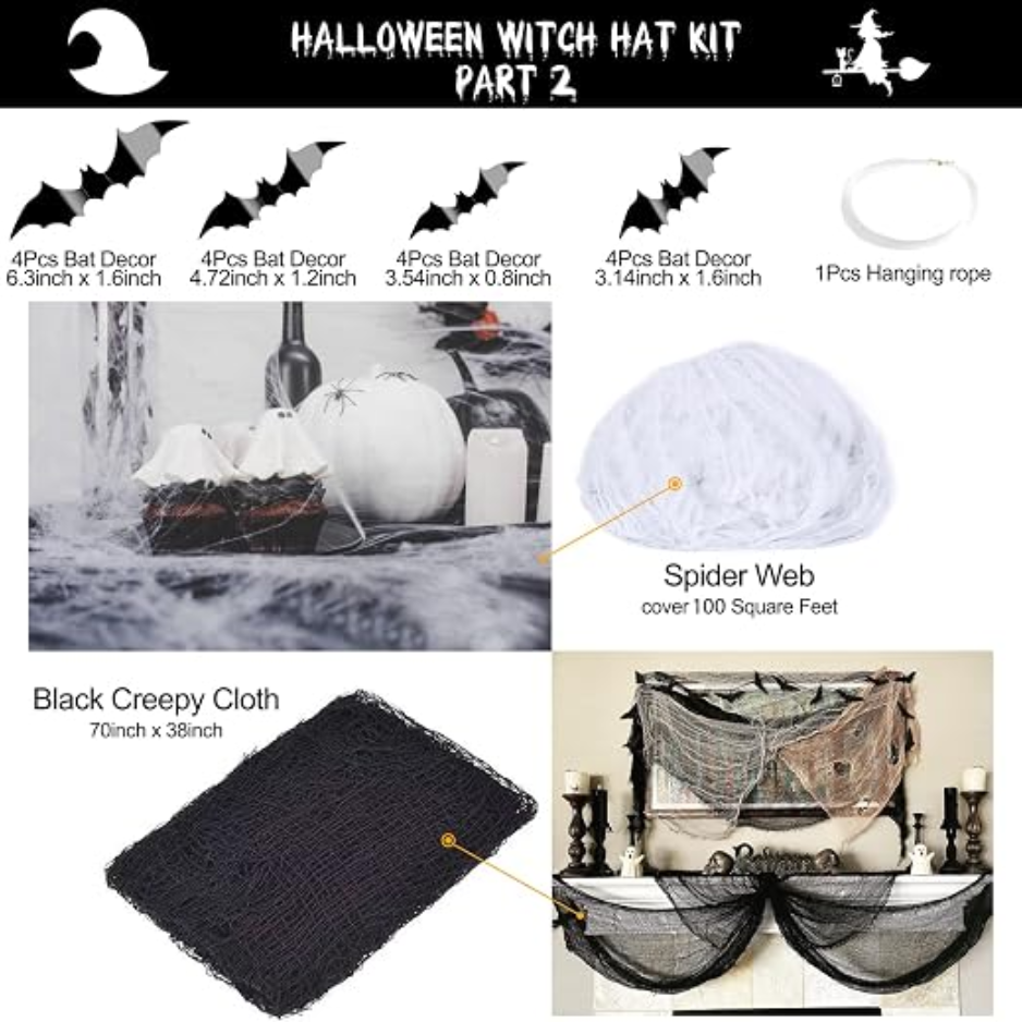 12Pcs Chapeaux de sorcière d'Halloween Décorations avec araignée Web