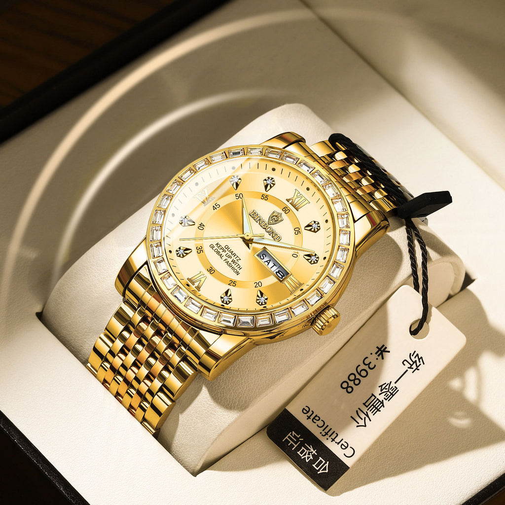 Business Diamant-embeded Montre mécanique double calendrier étanche