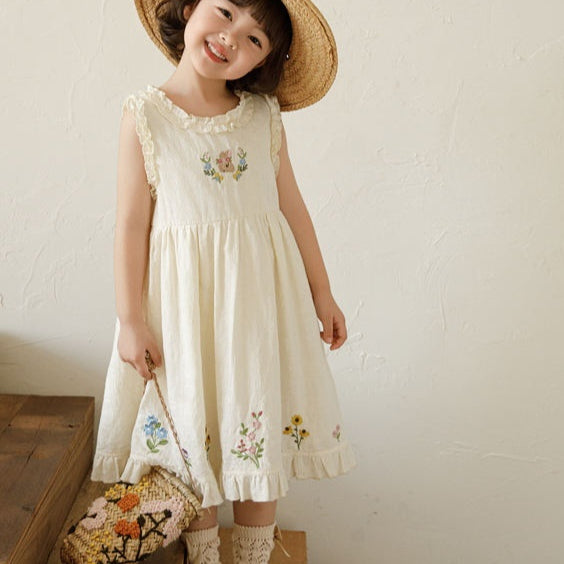 Robe de broderie florale en coton beige pour filles