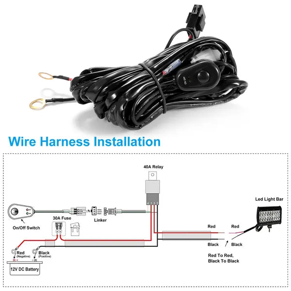 Kit d'harnais pour barre de lumière LED 280W 12V 40A Power Relay Fuse On Off Interrupteur 10ft Longueur U