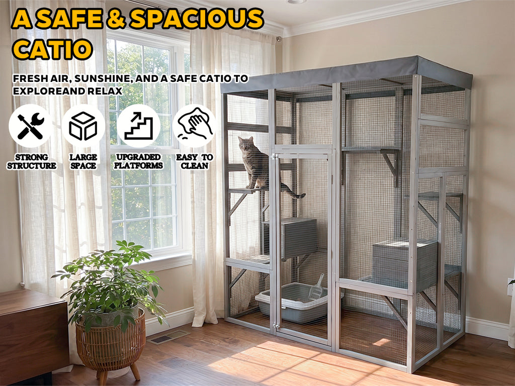 Catio en bois gris avec couvercle imperméable