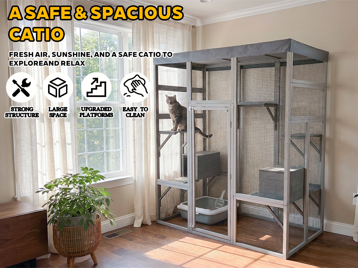 Catio en bois gris avec couvercle imperméable