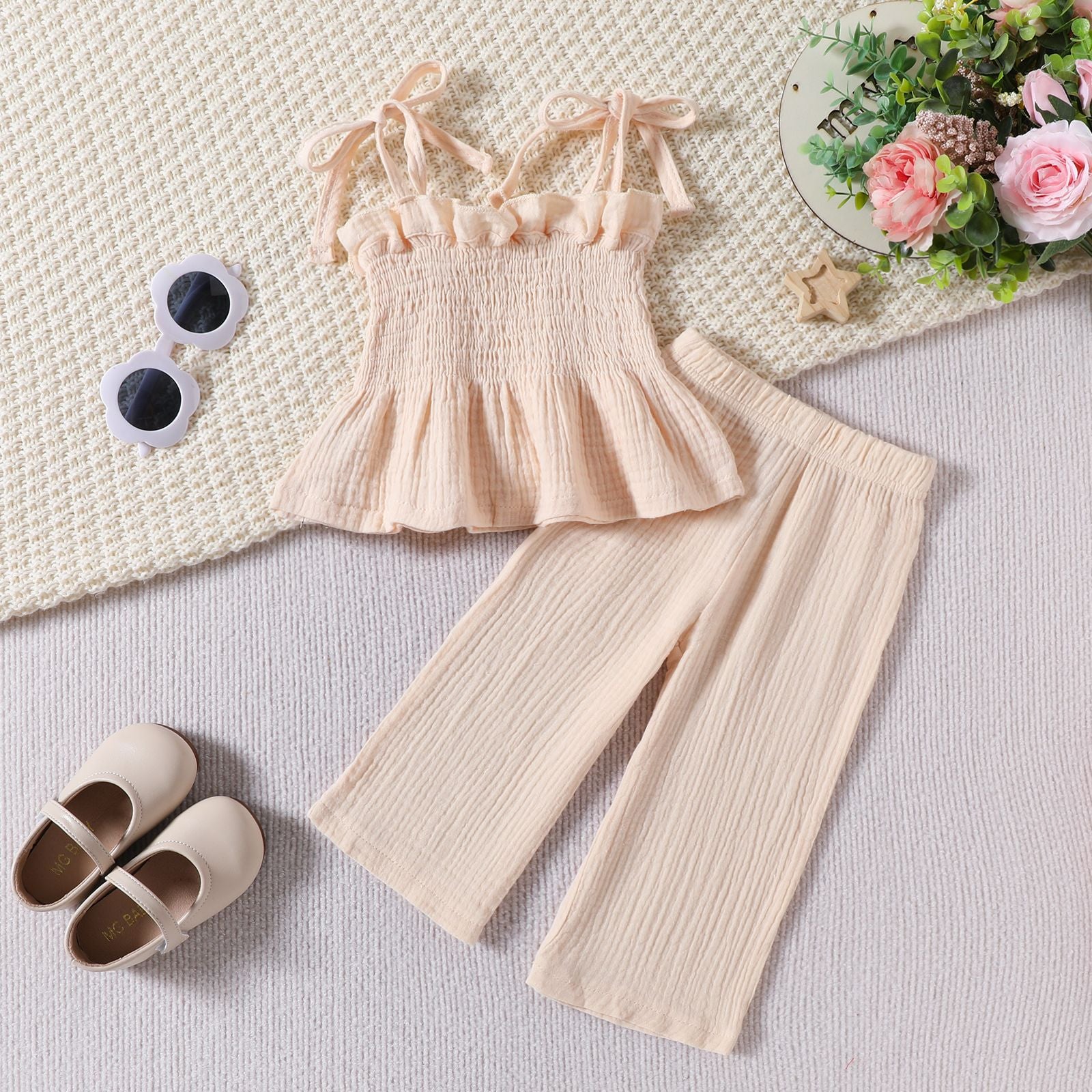 Filles Dentelle-Trimmed sangle droit-leg pantalons ensemble deux pièces