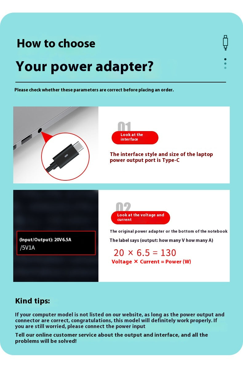 130W Type-C Laptop Charger 20V6.5A Power Adapter Fast Charging