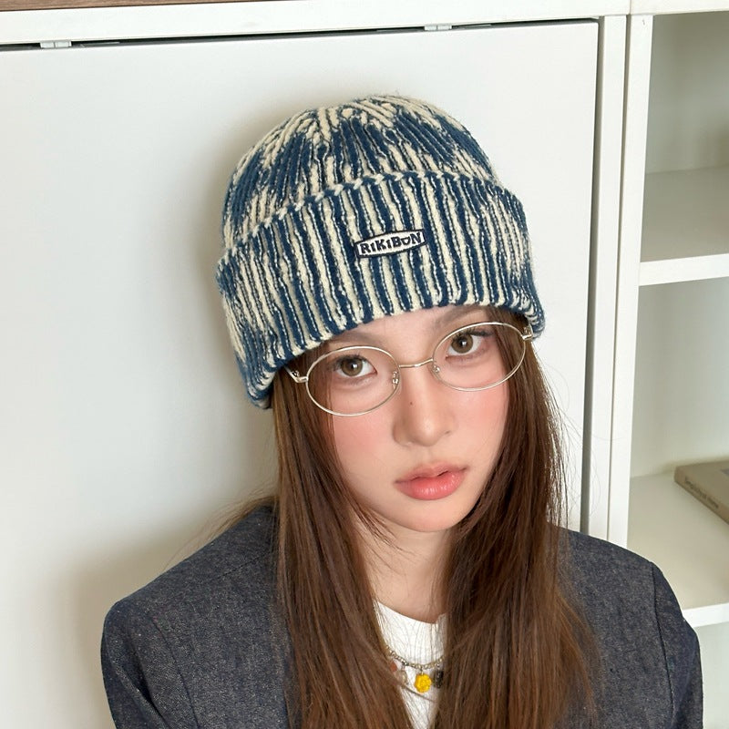 Autumn Winter Warm Ear-Protecting Tie-Dye Colorblock Knitted Beanie