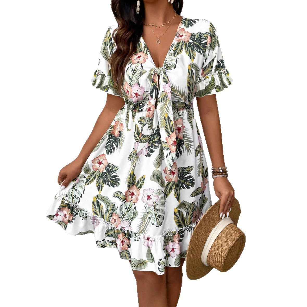 Exporter Européen et américain V-Neck Floral Print Fashion Resort Style Knee-Length Summer W